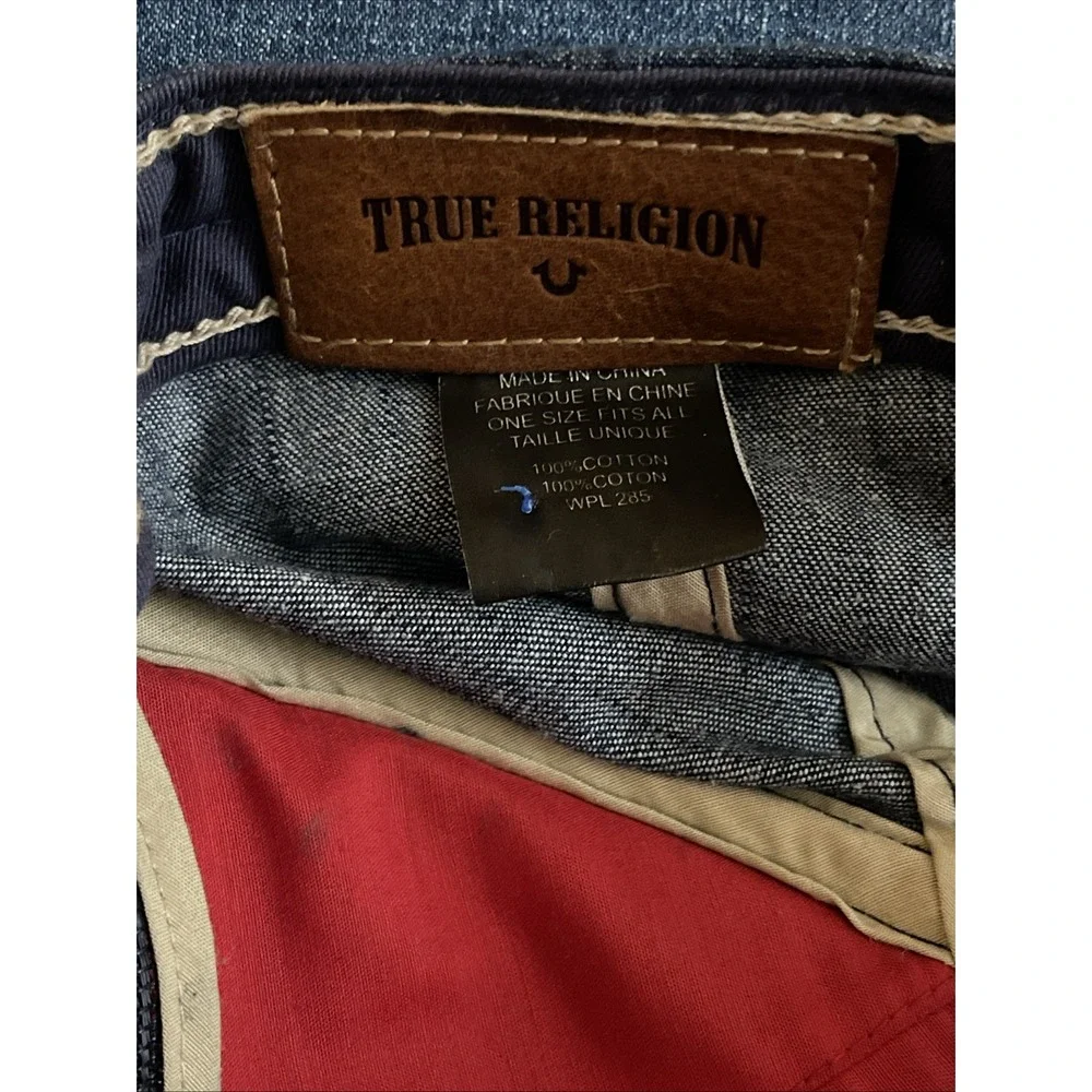 True Religion Blue Denim Ribbed Horseshoe Patch Strapback Hat Distressed Cap